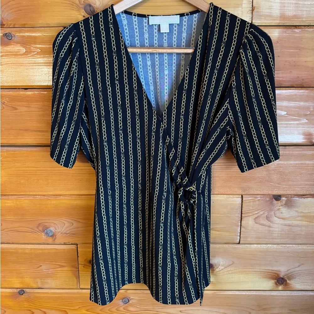 Michael Kors - black blouse with gold chain pattern and cinched adjustable waist
